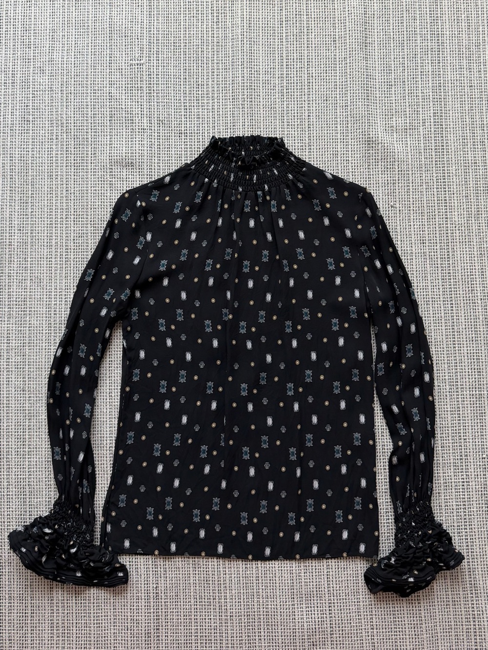 Kobi Halperin Turtle Neck Gem Print Long Sleeve 100% Silk Women’s Size XS